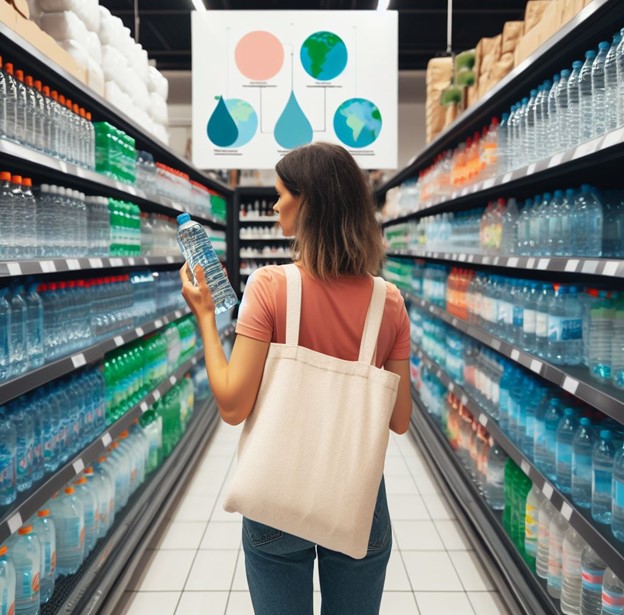Woman in grocery aisle of only water on every shelf.
