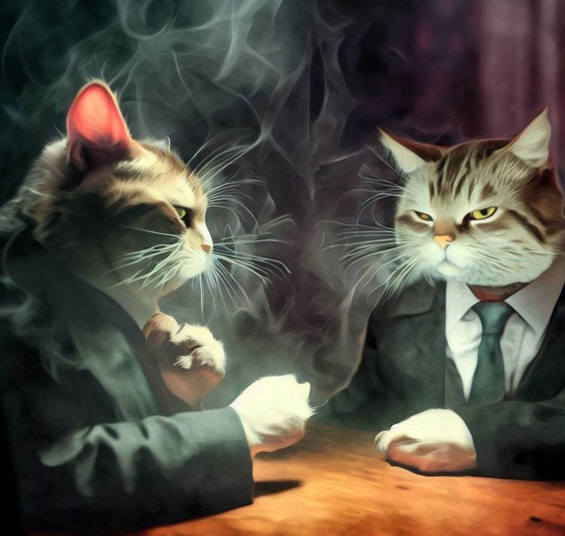 Two cats in suits smoking cigarettes in a dark room