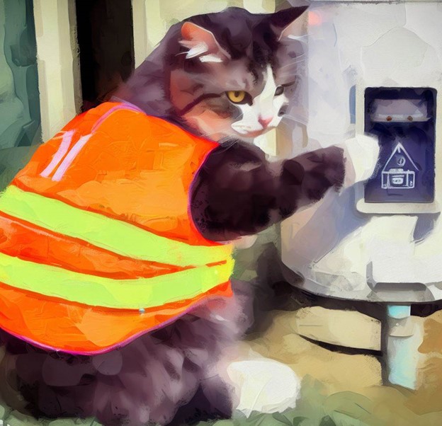 cat with orange work vest running water test