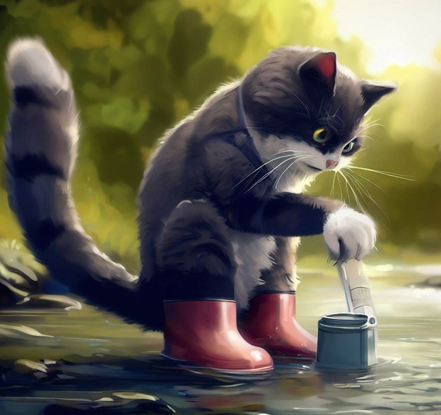 Cat in rubber boots taking water sample